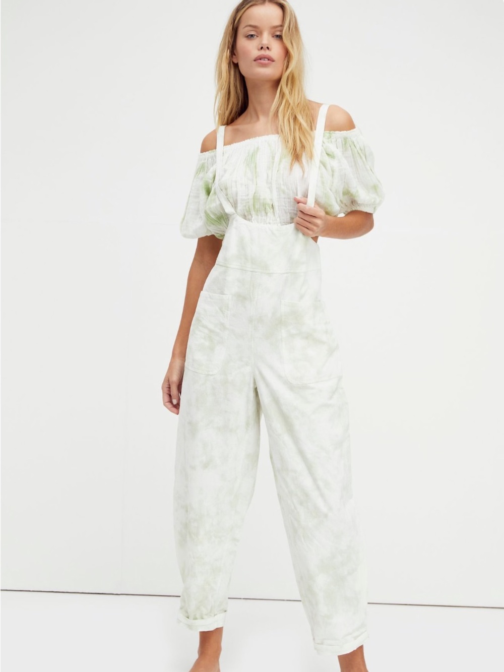 Free People Stroll in Kyoto Green Tie-Dye Cotton Overalls Jumpsuit